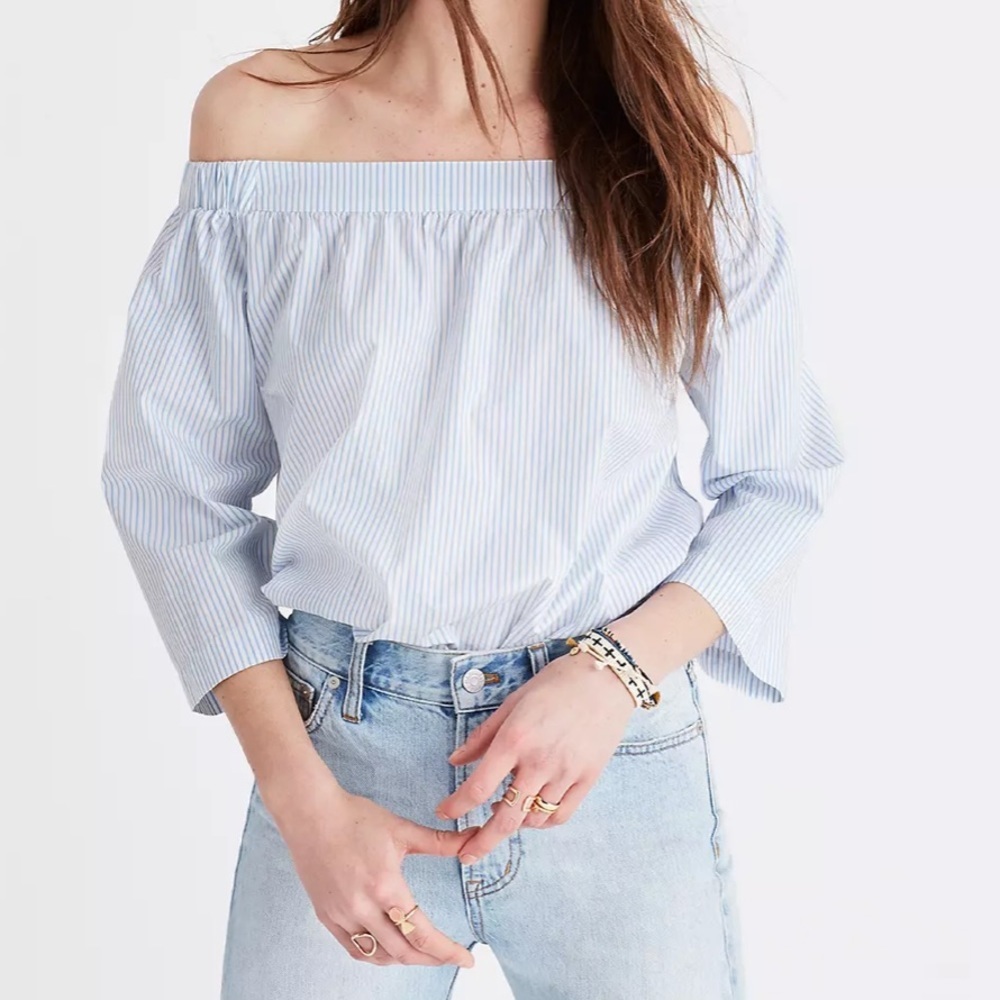 Madewell Clean Cotton Off-the-Shoulder Top in Blue White Stripe